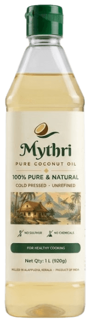 A one-litre bottle of Mythri 100% pure coconut oil