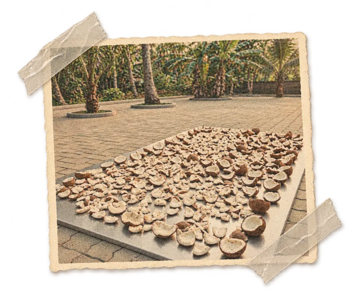 Coconut kernel drying in the open sun on a tray, becoming copra