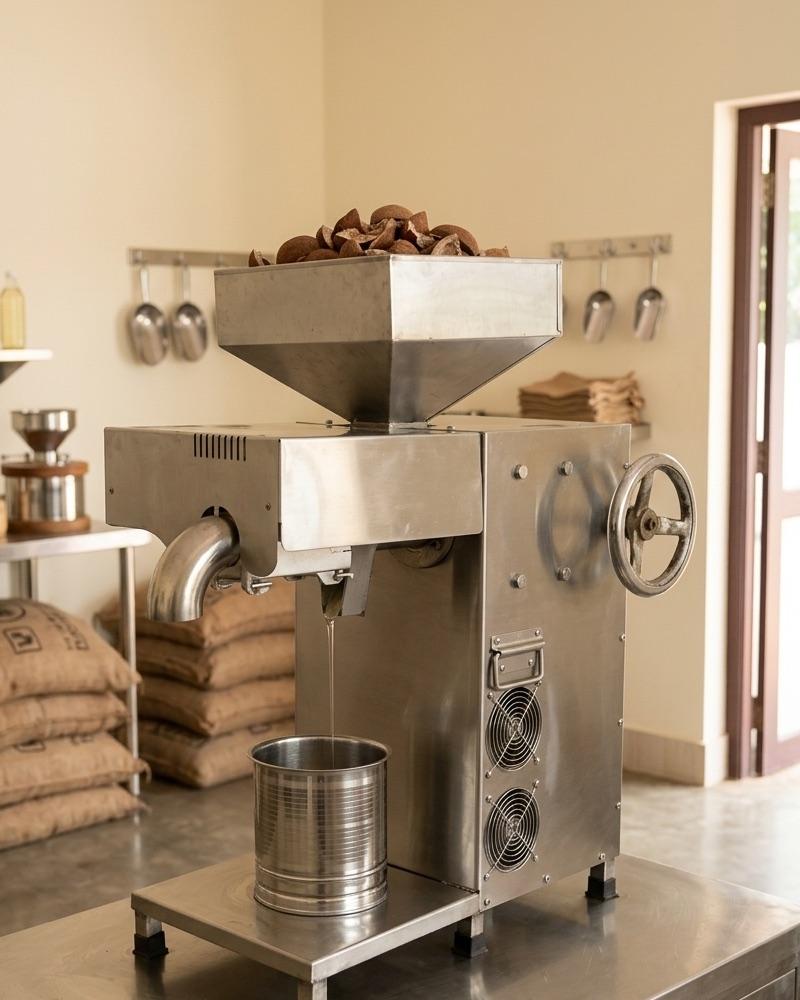 Copra being cold-pressed at the mill